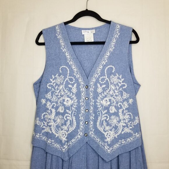 Vintage LANZ Embroidered Cottagecore Prairie Dress Blue Size 14 Pleated Skirt - Picture 3 of 11